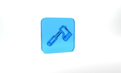 Blue Wooden axe icon isolated on grey background. Lumberjack axe. Glass square button. 3d illustration 3D render