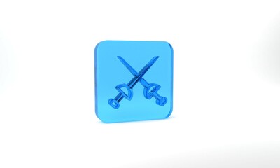Blue Fencing icon isolated on grey background. Sport equipment. Glass square button. 3d illustration 3D render