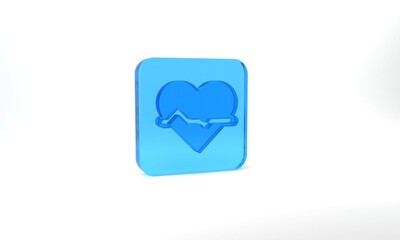 Blue Heart rate icon isolated on grey background. Heartbeat sign. Heart pulse icon. Cardiogram icon. Glass square button. 3d illustration 3D render