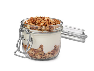 Jar of yogurt with granola isolated on white