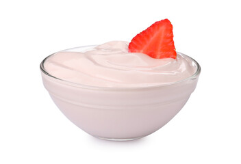 Bowl of delicious yogurt with strawberry isolated on white