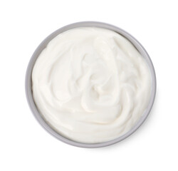 Bowl with delicious organic yogurt isolated on white, top view