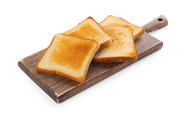 Board with slices of delicious toasted bread on white background