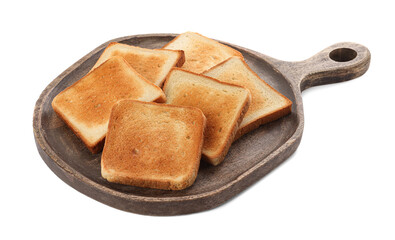 Board with slices of delicious toasted bread on white background