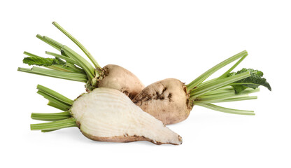 Whole and cut sugar beets on white background
