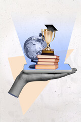 Vertical composite collage of human hand black white gamma hold telephone pile stack book winner...