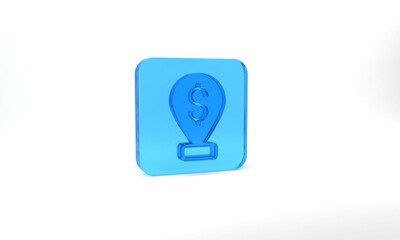 Blue Cash location pin icon isolated on grey background. Pointer and dollar symbol. Money location. Business and investment concept. Glass square button. 3d illustration 3D render