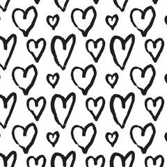 Grunge heart pattern. Hand drawn, rough edges, brush, simple cute black and white vector style.