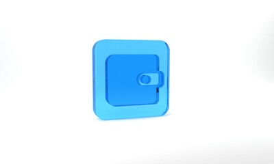 Blue Wallet icon isolated on grey background. Purse icon. Cash savings symbol. Glass square button. 3d illustration 3D render