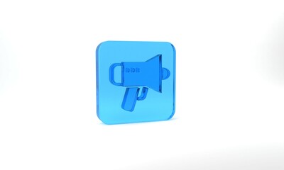 Blue Megaphone icon isolated on grey background. Speaker sign. Glass square button. 3d illustration 3D render