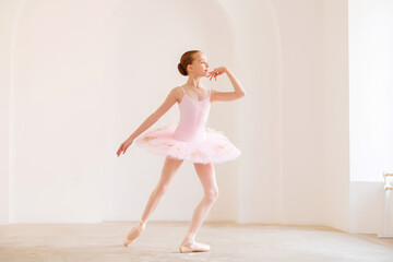 Little girl ballerina dancer in tutu learning ballet dance at dance school - obrazy, fototapety, plakaty