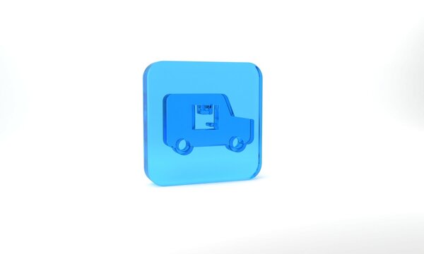 Blue Delivery cargo truck vehicle icon isolated on grey background. Glass square button. 3d illustration 3D render