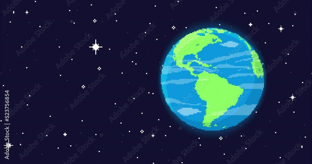 Poster pixel art space animation. earth planet, stars, space. pixel art 8 bit vector game retro. retro pixe