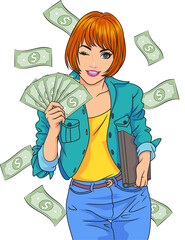 surprise shocking woman with Money Pop art retro comic style