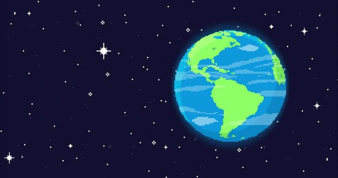 Pixel art space animation. Earth Planet, stars, space. Pixel art 8 bit vector game retro. Retro pixel planet. Seamless animation