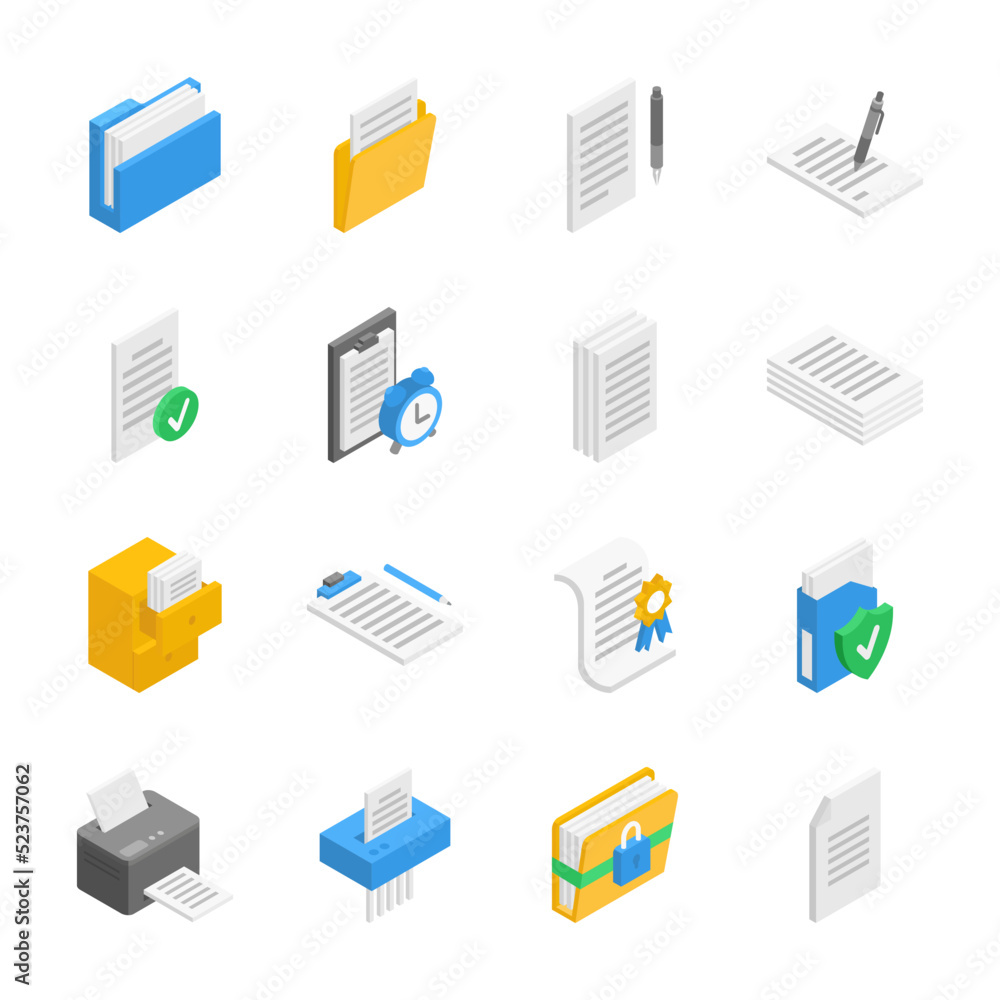 Poster document isometric icons set. documentation. sheets of text. paperwork. document and file management