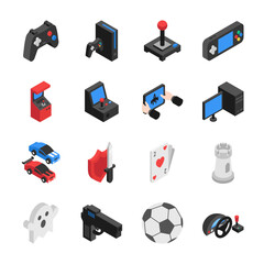 Video games isometric icons set. Game console, gamepad and joystick. Game genres. Objects collection. Vector illustration © Mintoboru