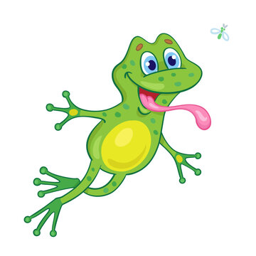 Little funny frog jumping with his tongue hanging out. In cartoon style. Isolated on white background. Vector illustration.