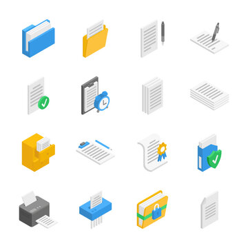 Document isometric icons set. Documentation. sheets of text. Paperwork. Document and file management. Work with text. Objects collection.