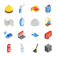 Hotel isometric icons set. Check in and stay at the hotel. Apartments. Services. Objects collection