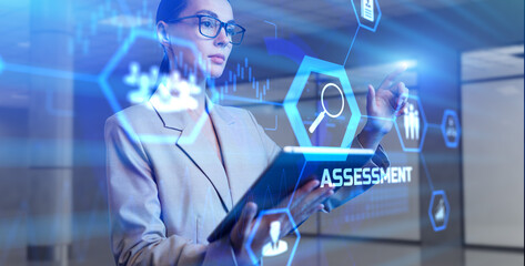 Assessment business and technology concept. Young business woman pressing button on virtual screen.