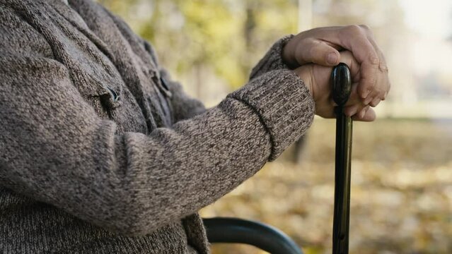 Close up of old caucasian man with hands on walking stick sitting on bench in park. Shot with RED helium camera in 8K  