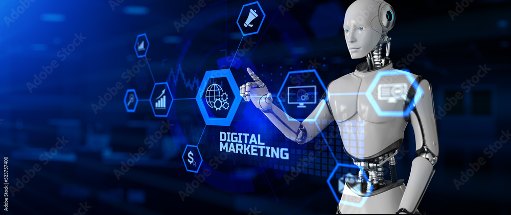 Poster digital marketing automation concept. robot pressing button on screen 3d render.