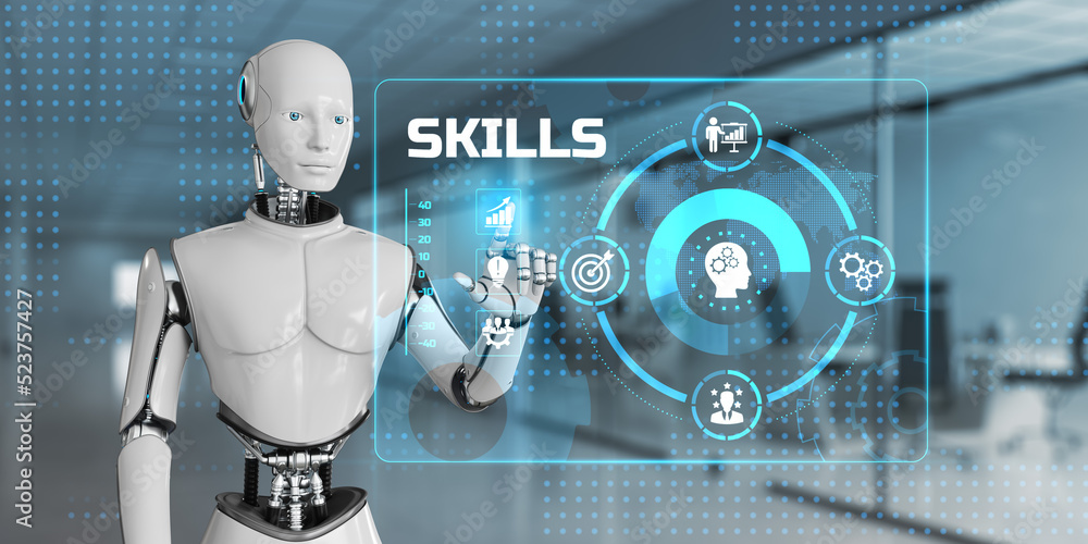 Poster skills personal training development education concept. robot pressing button on screen. 3d render.
