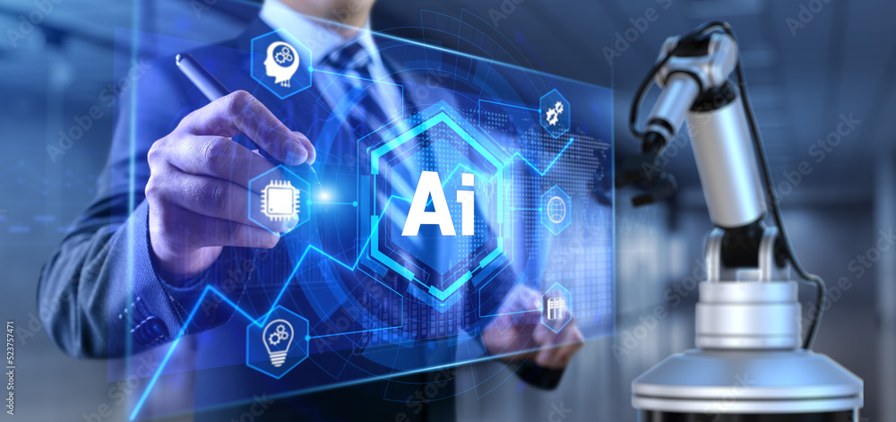 Poster ai artificial intelligence smart industry 4.0. cobot robotic arm 3d render.