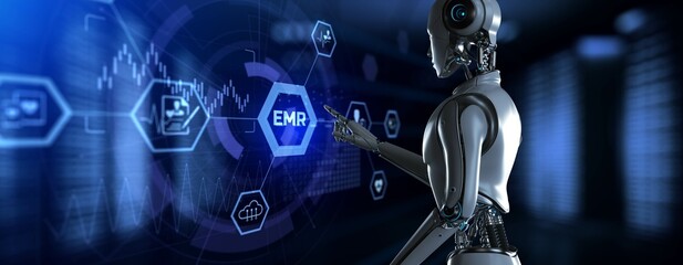 EMR EHR Electronic medical health record RPA automation. Robot pressing button on screen 3d render.