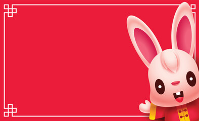 Cute rabbit cartoon greetings on blank red banner. 2023 Chinese new year zodiac banner template. Year of the rabbit. Translation: Wish you a prosperity new year
