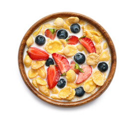 Bowl of tasty crispy corn flakes with milk and berries isolated on white, top view