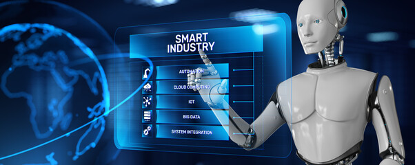Smart industry technology concept. Robot pressing button on screen 3d render.