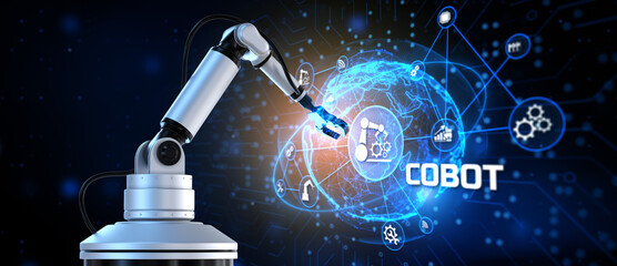 Cobot collaborative robot arm 3d render. industrial automation technology concept.