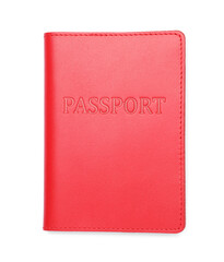 Passport in red leather case isolated on white, top view