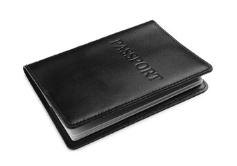 Passport in black leather case isolated on white