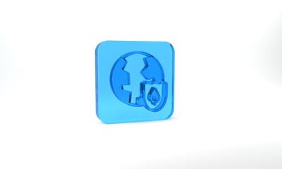 Blue Earth with shield icon isolated on grey background. Insurance concept. Security, safety, protection, privacy concept. Glass square button. 3d illustration 3D render