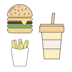simple vector illustration fast food hamburger, potato chips and drink
