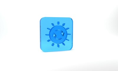 Blue Solar energy panel icon isolated on grey background. Sun with lightning symbol. Glass square button. 3d illustration 3D render