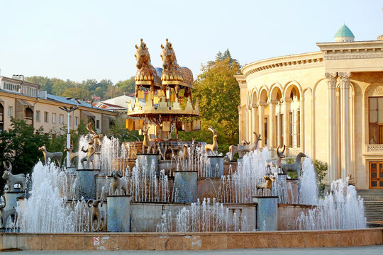 Iconic Colchis Fountain in Kutaisi Downtown, an Enlarged Copies of Ancient Small Statues Found During the Excavation in Western Georgia