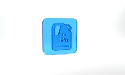 Blue Radioactive waste in barrel icon isolated on grey background. Toxic refuse keg. Radioactive garbage emissions, environmental pollution. Glass square button. 3d illustration 3D render