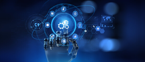 Gears Cog Wheel icon RPA Robotic process automation concept. Robot hand pressing virtual button 3d render.