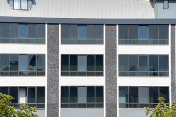 View of the building with large windows.