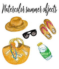 Watercolor hand drawn summer objects, beach elements, women's accessories, hat, black sunglasses, bottle of water, summer bag
