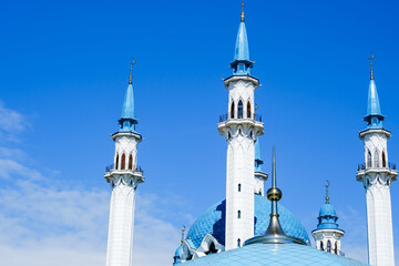 The Kul Sharif mosque in Kazan Kremlin at sunset. View from the Manezh building.