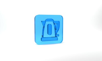 Blue Electric kettle icon isolated on grey background. Teapot icon. Glass square button. 3d illustration 3D render