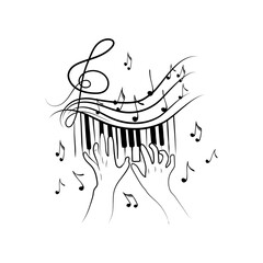 The concept of inspired piano playing, a hand-drawn doodle. Keys. Violin key and flying notes. Music. Inspiration. The pianist's hands. Isolated vector illustration on white background.