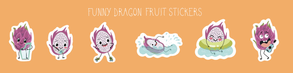 Tropical fruits sticker set. Dragon fruit, pitaya, pitahiya. Summer cartoon graphic. Vector hand drawn illustration.
