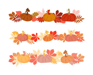 Hand-drawn boarder with pumpkins and autumn leaves. Gradient from bright colors to pastels. Autumn. Tree leaves. Vegetable decor element. Simple vector illustration.