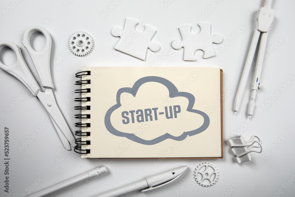 Canvas Prints start-up. text and cloud on notepad. white office desk